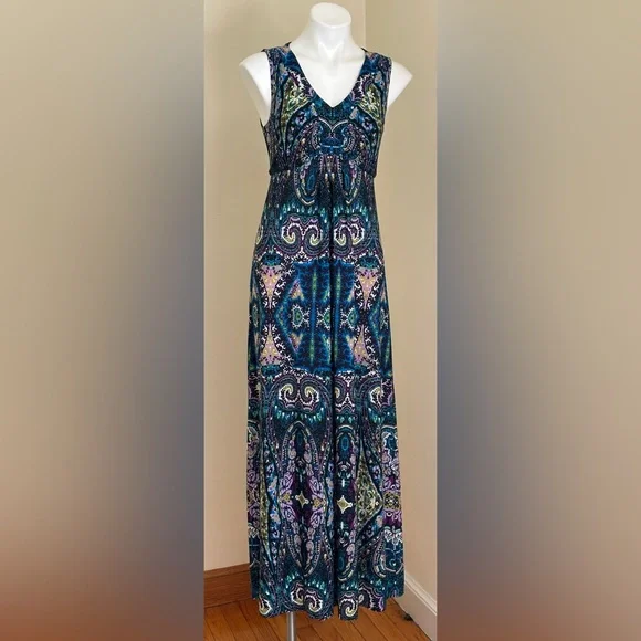 Chico's Vibrant Colors Blue Green Purple & Black Maxi V Neck Dress Sz 0, - Picture 1 of 12